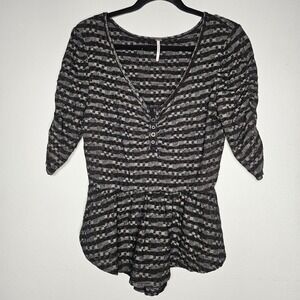 Free‎ People Blouse Womens Large Colorful Boho Ruffle Fairy V Neck Flared Check